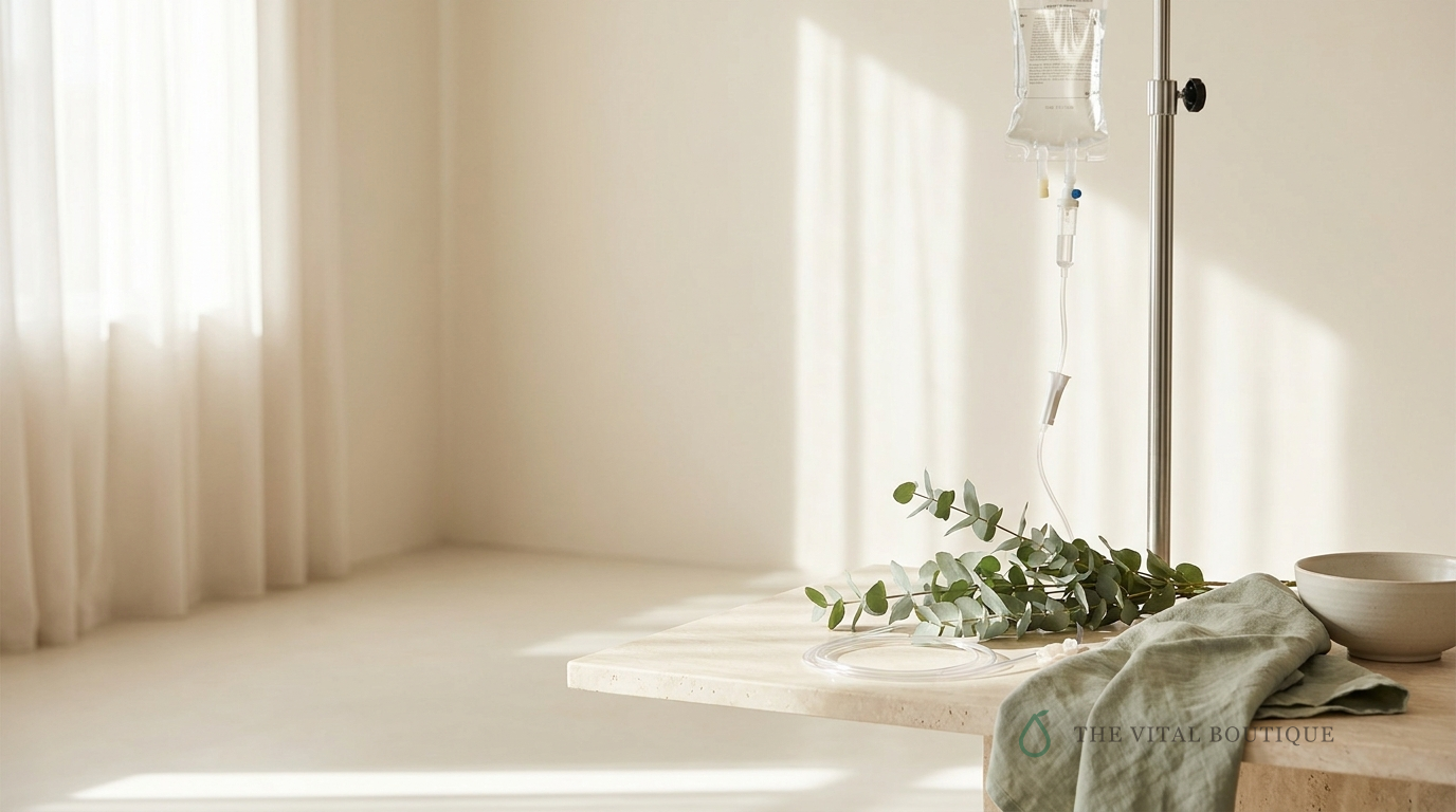 A single IV drip bag and clear tubing in soft natural light beside eucalyptus and folded linen, in warm white and beige tones.