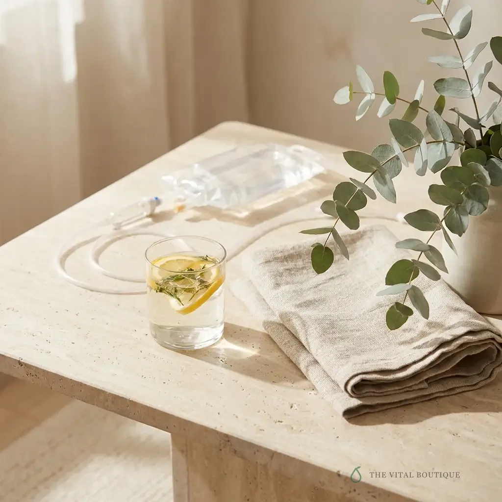 Eucalyptus, infused water, and a drip bag detail