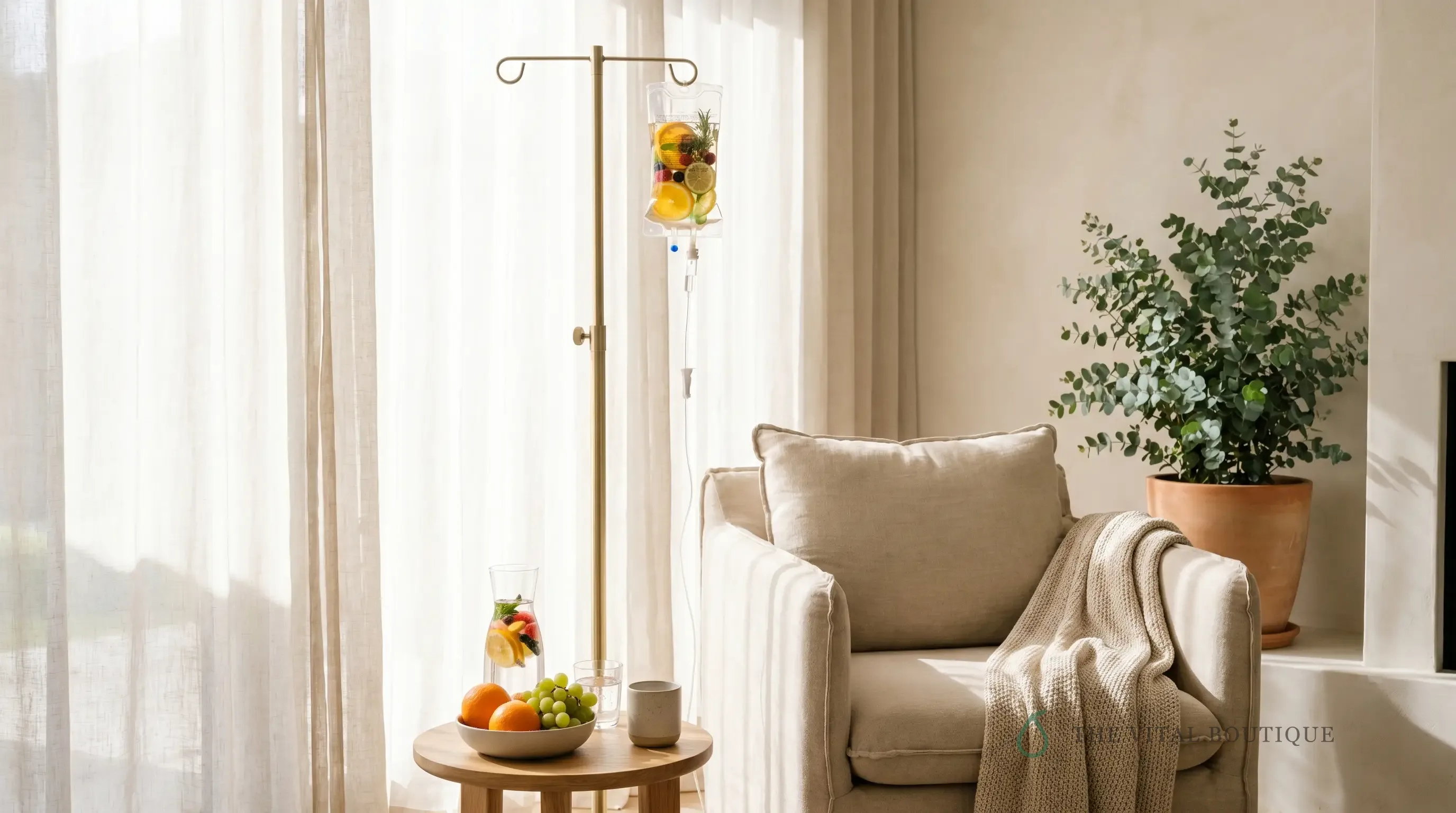 A cozy sunlit in-home IV therapy corner